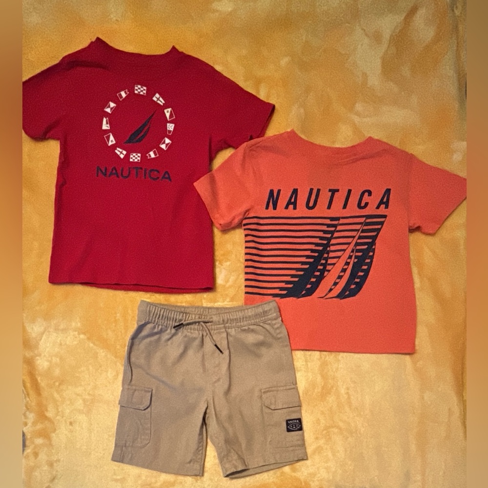 Nautica Boys Red and Orange Tees with Khaki Shorts Bundle